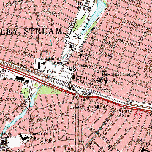 Topographic Map of Valley Stream Post Office, NY
