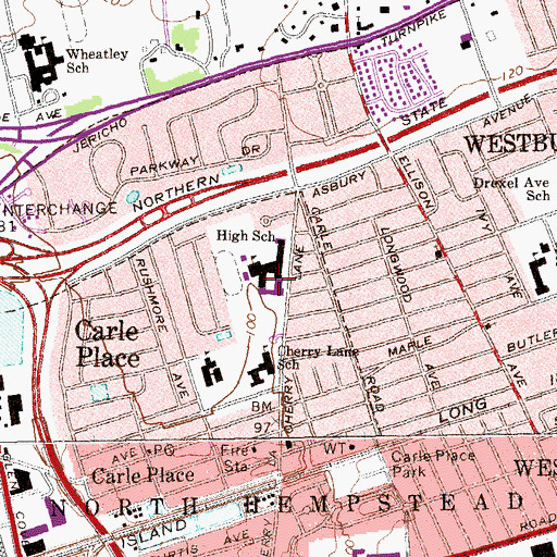 Topographic Map of Carle Place Middle and Senior High School, NY