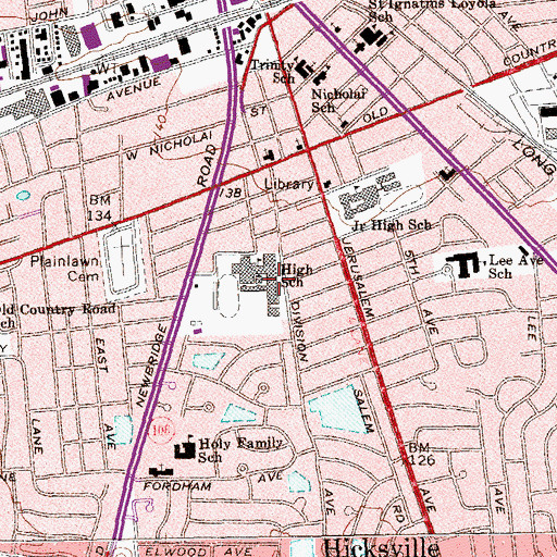 Topographic Map of Hicksville High School, NY