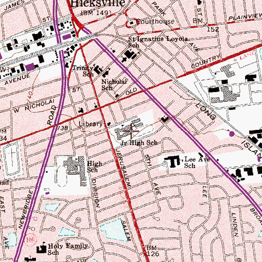 Topographic Map of Hicksville Middle School, NY