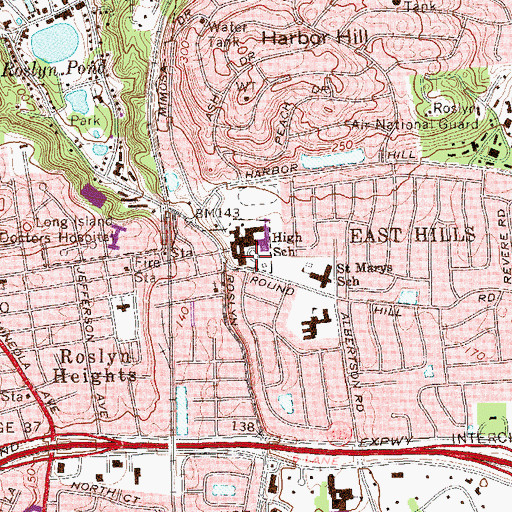 Topographic Map of Roslyn High School, NY