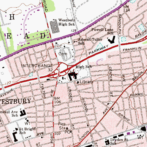 Topographic Map of Westbury Middle School, NY
