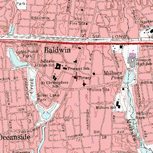 Topographic Map of Baldwin Public Library, NY