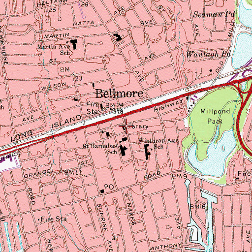 Topographic Map of Bellmore Memorial Library, NY