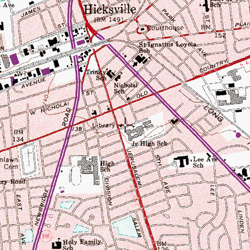 Topographic Map of Hicksville Public Library, NY