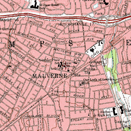 Topographic Map of Malverne Public Library, NY