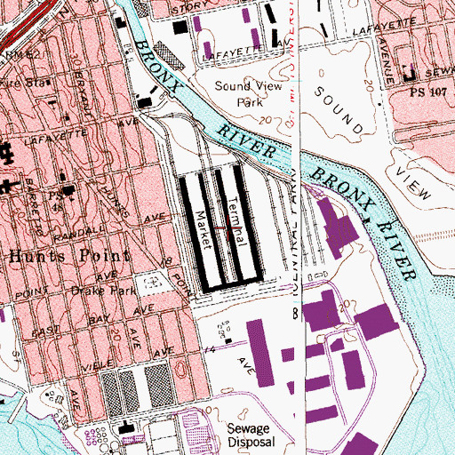 Topographic Map of Hunts Point Produce Market, NY