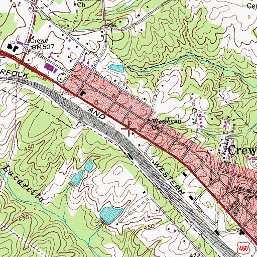 Topographic Map of Crewe Volunteer Fire Department, VA
