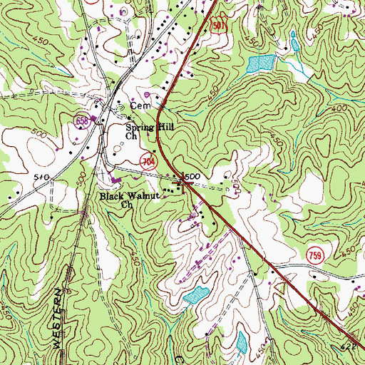 Topographic Map of Cluster Springs Volunteer Fire Department, VA