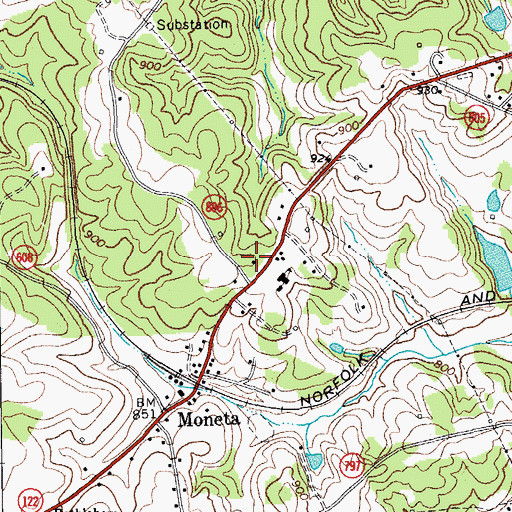 Topographic Map of Moneta Volunteer Fire Department Company 8 Station 1, VA