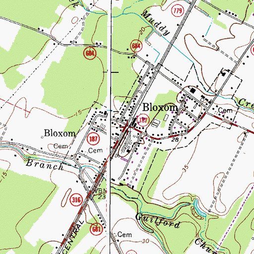 Topographic Map of Bloxom Volunteer Fire Company, VA