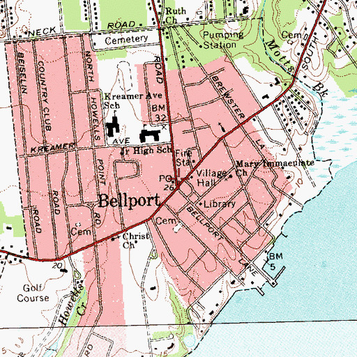 Topographic Map of Bellport Post Office, NY