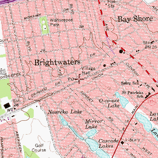 Topographic Map of Brightwaters Post Office, NY