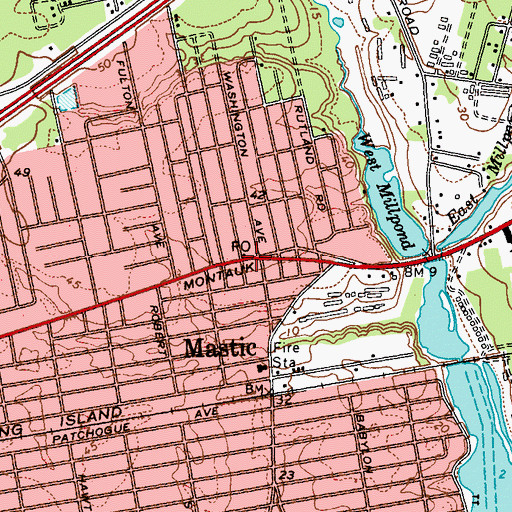 Topographic Map of Mastic Post Office, NY