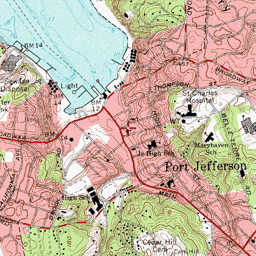 Topographic Map of Port Jefferson Post Office, NY