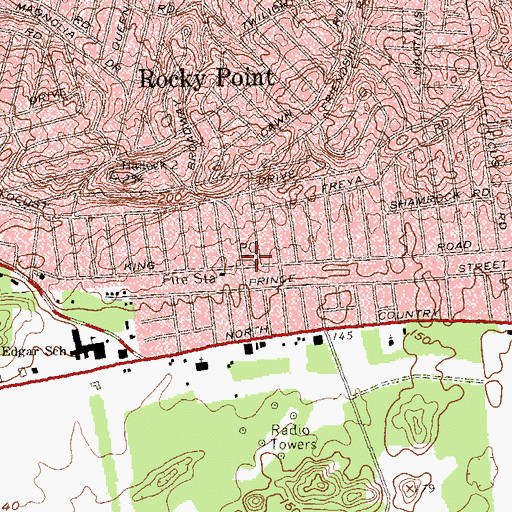 Topographic Map of Rocky Point Post Office, NY