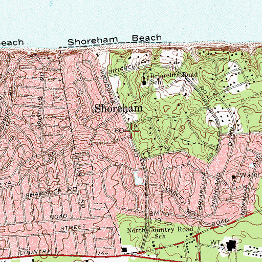 Topographic Map of Shoreham Post Office, NY