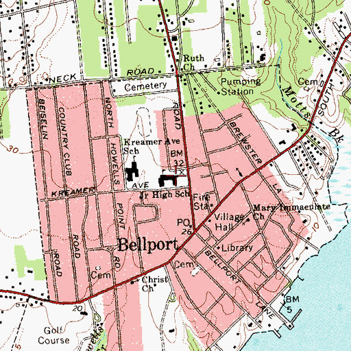 Topographic Map of Bellport Middle School, NY