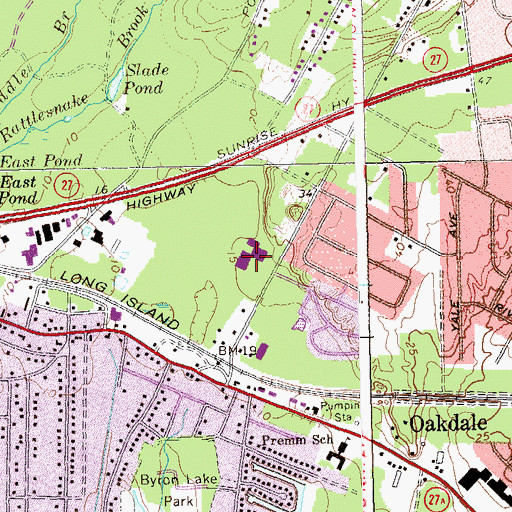 Topographic Map of Oakdale - Bohemia Junior High School, NY