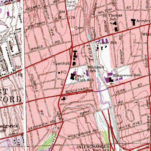 Topographic Map of Hall High School, CT