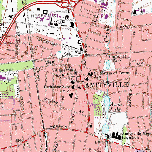 Topographic Map of Amityville Village Hall, NY