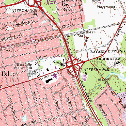 Topographic Map of East Islip Public Library, NY