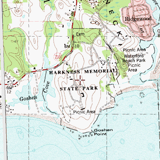 Topographic Map of Harkness Memorial State Park, CT