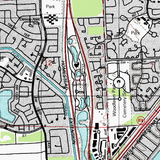 Topographic Map of Snapper Creek Service Plaza, FL