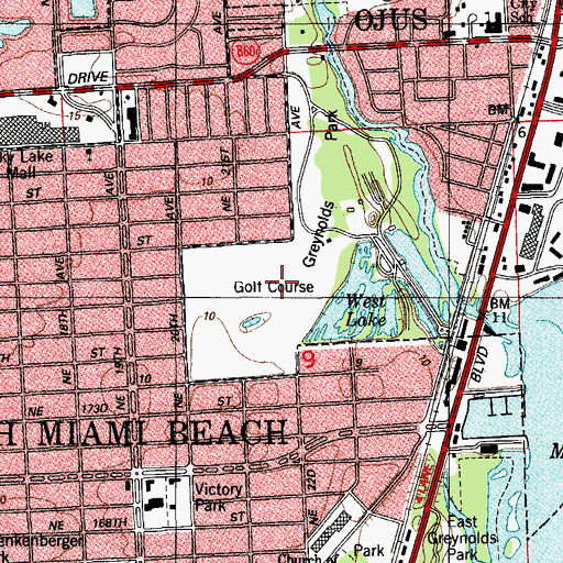 Topographic Map of Greynolds Park Golf Course, FL