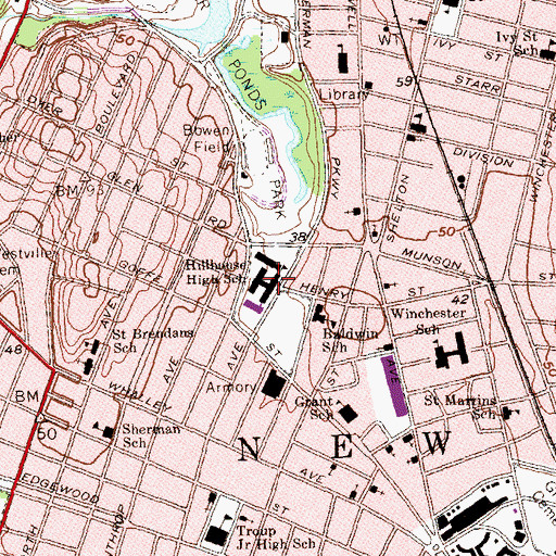 Topographic Map of James Hillhouse High School, CT