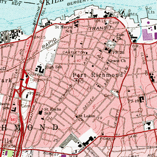 Topographic Map of Port Richmond Station Staten Island Post Office, NY