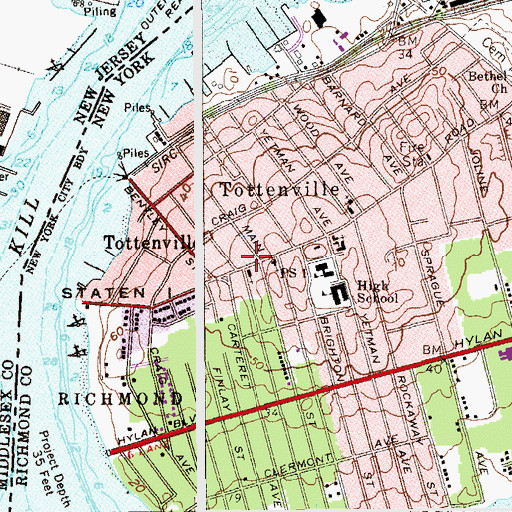 Topographic Map of Tottenville Station Staten Island Post Office, NY
