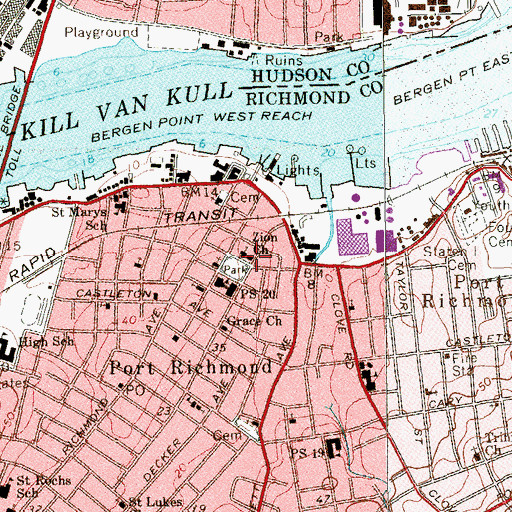 Topographic Map of Port Richmond Branch New York Public Library, NY