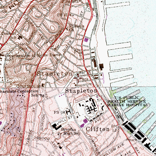 Topographic Map of Stapleton Branch New York Public Library, NY