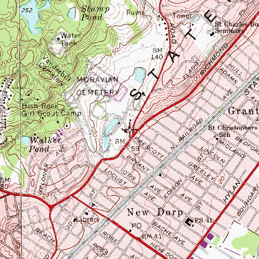 Topographic Map of New Dorp Moravian Church, NY