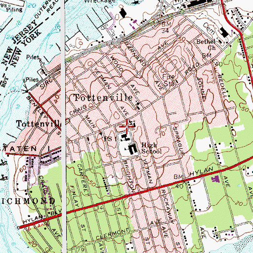 Topographic Map of Tottenville Branch New York Public Library, NY