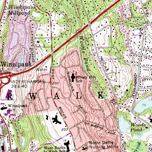 Topographic Map of Honey Hill School, CT