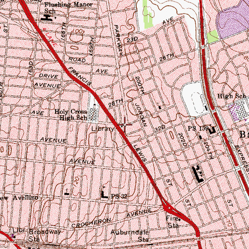 Topographic Map of Auburndale Branch Queens Borough Public Library, NY