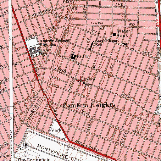 Topographic Map of Cambria Heights Branch Queens Borough Public Library, NY