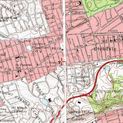 Topographic Map of Glendale Branch Queens Borough Public Library, NY