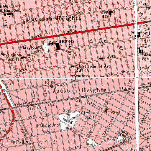 Topographic Map of Jackson Heights Branch Queens Borough Public Library, NY