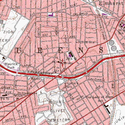 Topographic Map of Maspeth Branch Queens Borough Public Library, NY