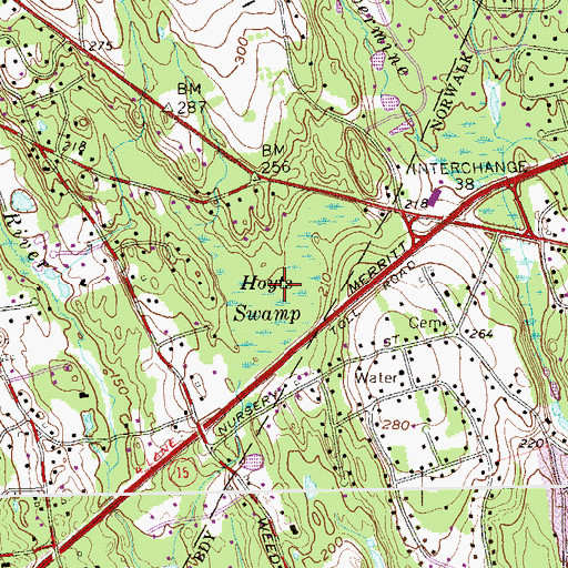Topographic Map of Hoyts Swamp, CT