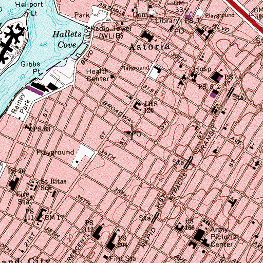 Topographic Map of Broadway Station Long Island City Post Office, NY
