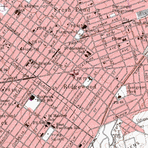 Topographic Map of Ridgewood Station Flushing Post Office, NY