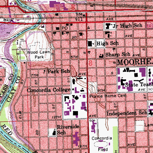 Topographic Map of Park Region Hall, MN