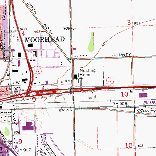 Topographic Map of Moorhead Health Care Center, MN