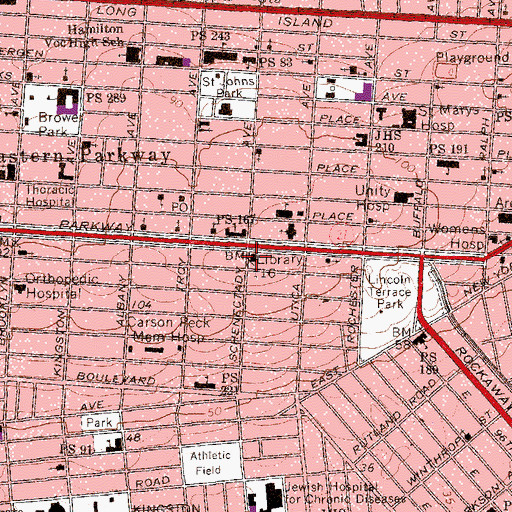 Topographic Map of Eastern Parkway Branch Brooklyn Public Library, NY