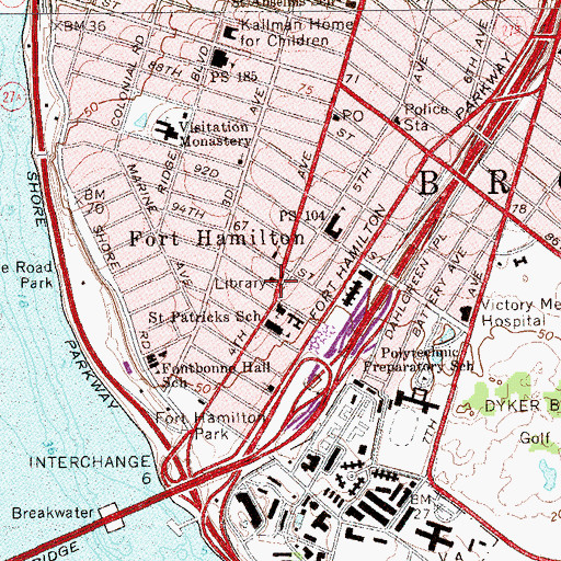 Topographic Map of Fort Hamilton Branch Brooklyn Public Library, NY