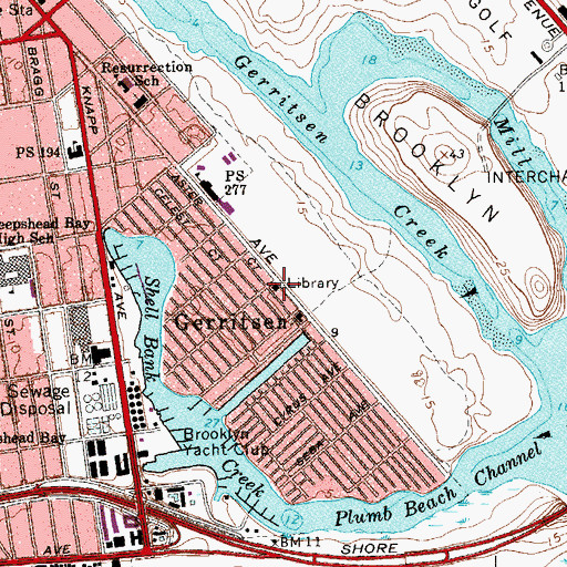 Topographic Map of Gerritsen Beach Branch Brooklyn Public Library, NY
